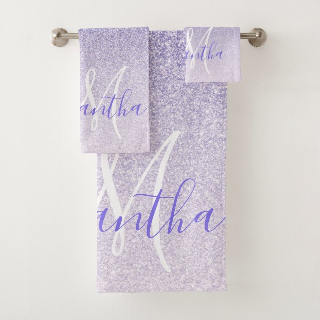 Modern Purple Glitter Sparkles Personalized Name Bath Towel Set (Insitu)