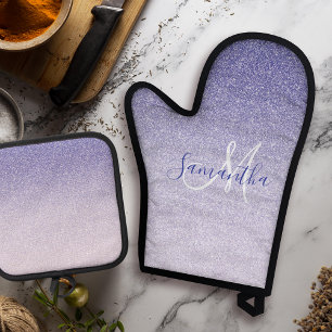 Modern Purple Glitter Sparkles Personalized Name Oven Mitt & Pot Holder Set