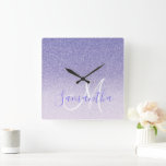 Modern Purple Glitter Sparkles Personalized Name Square Wall Clock<br><div class="desc">Modern Purple Glitter Sparkles Personalized Name</div>