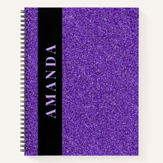 Modern Purple Glitter Vertical Name Notebook (Front)