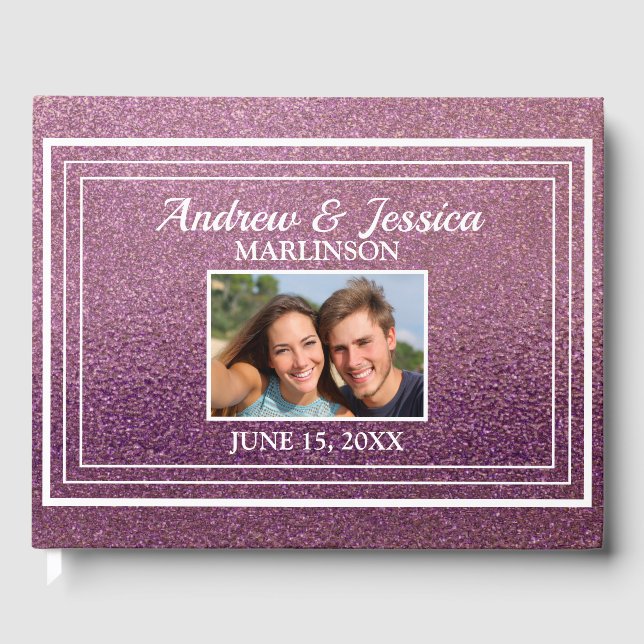 Modern Purple Glitter White Photo Wedding Guest Book (Front)