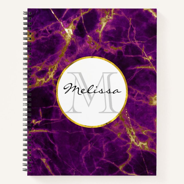 Modern Purple & Gold Abstract Marble Monogram Notebook (Front)