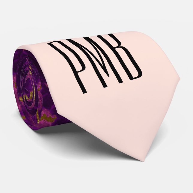 Modern Purple & Gold Abstract Marble Monogram Tie (Rolled)
