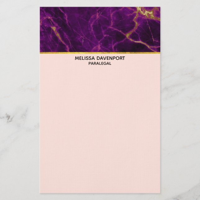 Modern Purple & Gold Abstract Marble Stationery (Front)