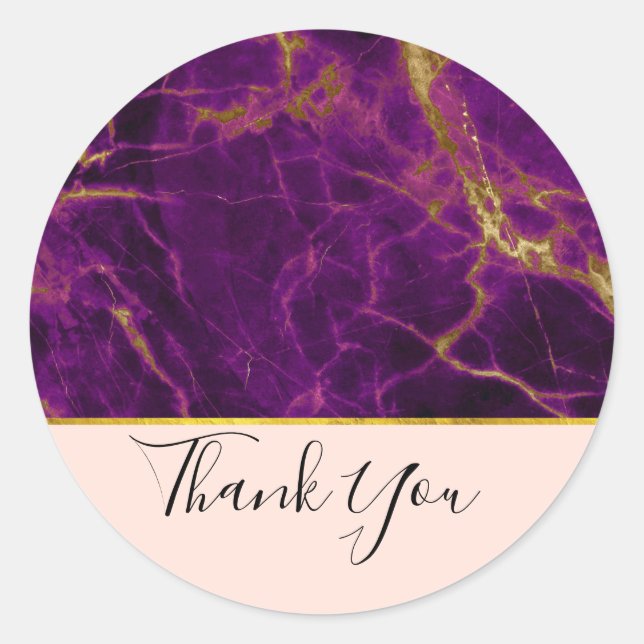 Modern Purple & Gold Abstract Marble Thank You Classic Round Sticker (Front)