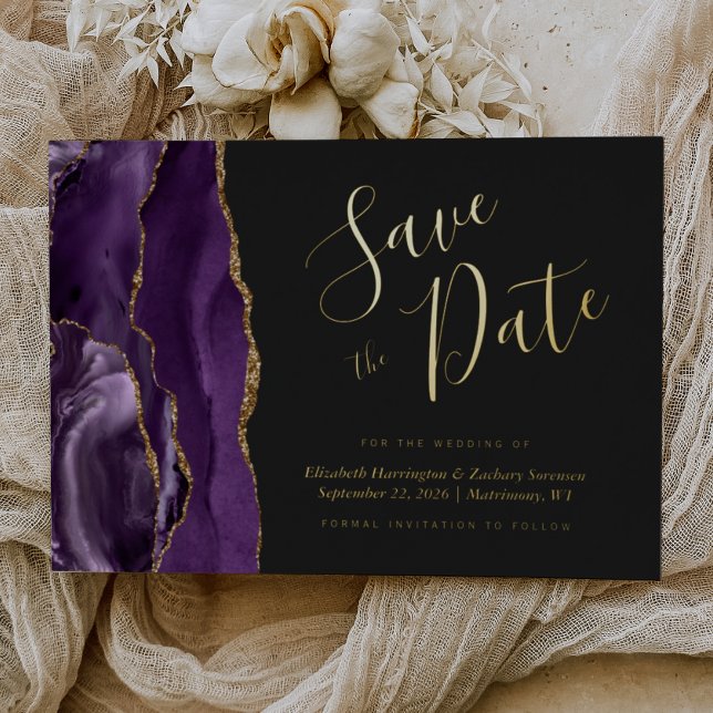 Modern Purple Gold Agate Dark Save the Date (Creator Uploaded)