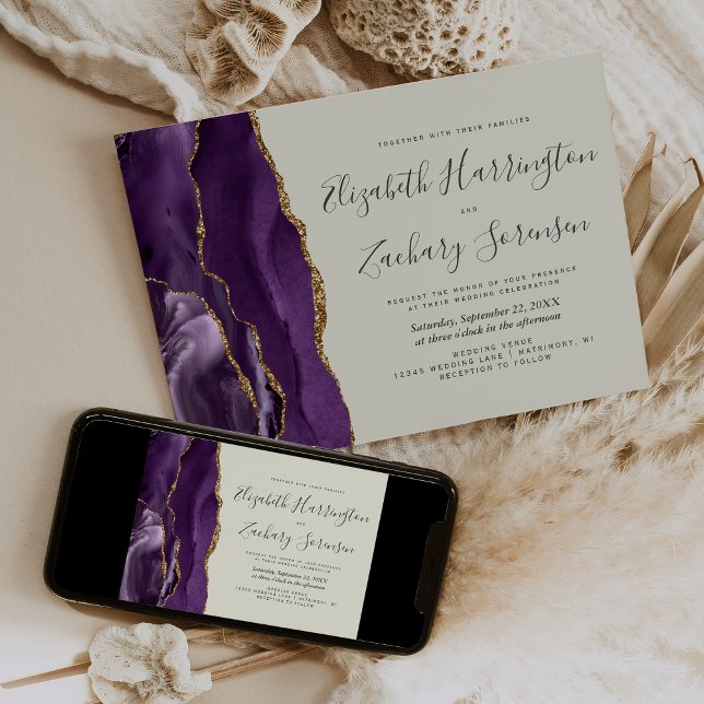 Modern Purple Gold Agate Ivory Wedding Invitation (Creator Uploaded)