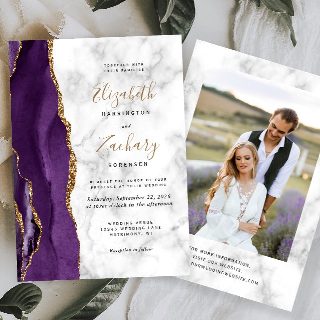 Modern Purple Gold Agate Marble Photo Wedding Invitation (Creator Uploaded)