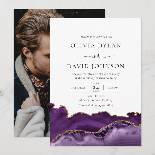 Modern Purple Gold Agate Photo Wedding Invitation (Front/Back)