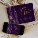 Modern Purple Gold Agate Plum Save the Date Card<br><div class="desc">This elegant modern save the date card features a purple watercolor agate border trimmed with faux gold glitter. The customizable text combines gold-coloured handwriting script,  copperplate and italic fonts on a rich plum background. The reverse side features a matching purple and gold agate design.</div>