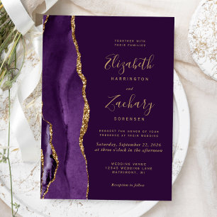 Modern Purple Gold Agate Plum Wedding Invitation