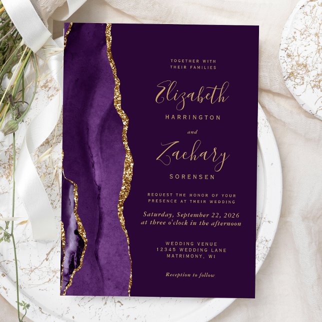 Modern Purple Gold Agate Plum Wedding Invitation (Creator Uploaded)