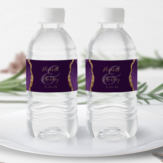 Modern Purple Gold Agate Plum Wedding Water Bottle Label (Creator Uploaded)