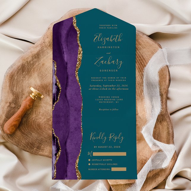 Modern Purple Gold Agate Teal Wedding All In One Invitation (Creator Uploaded)