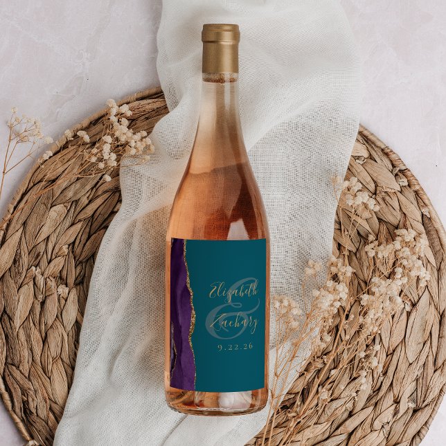 Modern Purple Gold Agate Teal Wedding Wine Label (Creator Uploaded)