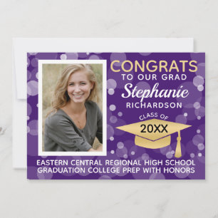 Modern Purple Gold Bokeh Bubbles Photo Graduation Invitation
