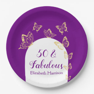 Modern Purple Gold Butterflies Fabulous Birthday Paper Plate