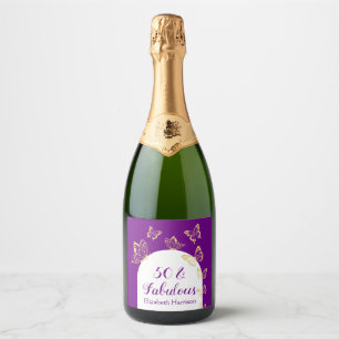 Modern Purple Gold Butterflies Fabulous Birthday Sparkling Wine Label
