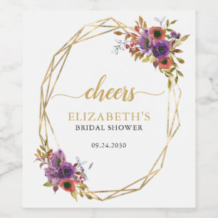 Modern Purple Gold Floral Cheers Bridal Shower Wine Label