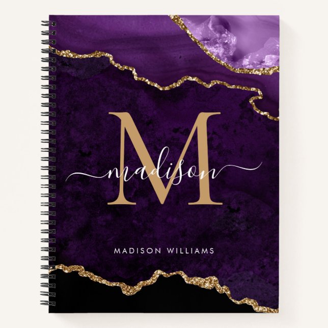 Modern Purple Gold Glitter Agate Geode Monogram Notebook (Front)