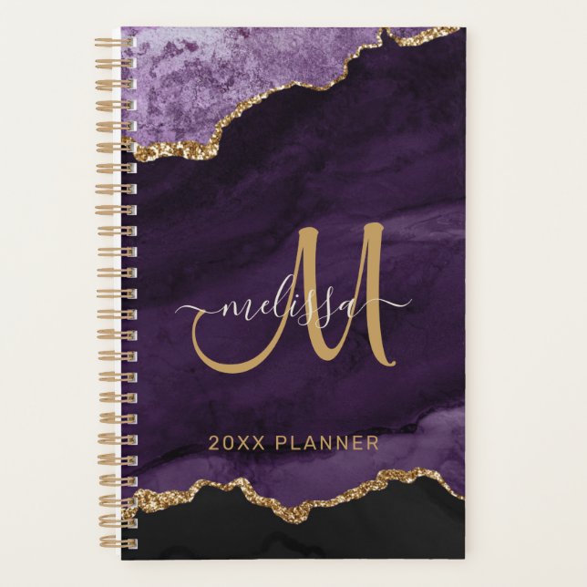 Modern Purple Gold Glitter Agate Monogram 2024 Planner (Front)