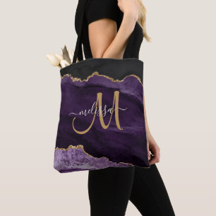 Modern Purple Gold Glitter Agate Monogram Name Tote Bag