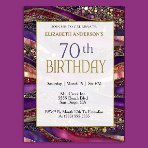 Modern Purple Gold Jewelled Strata 70th Birthday Invitation