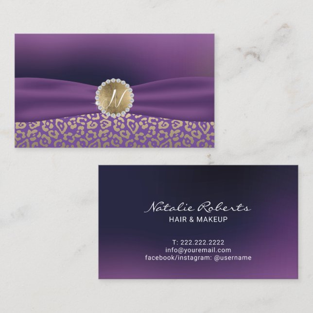 Modern Purple & Gold Leopard Elegant Ribbon  Business Card (Front/Back)