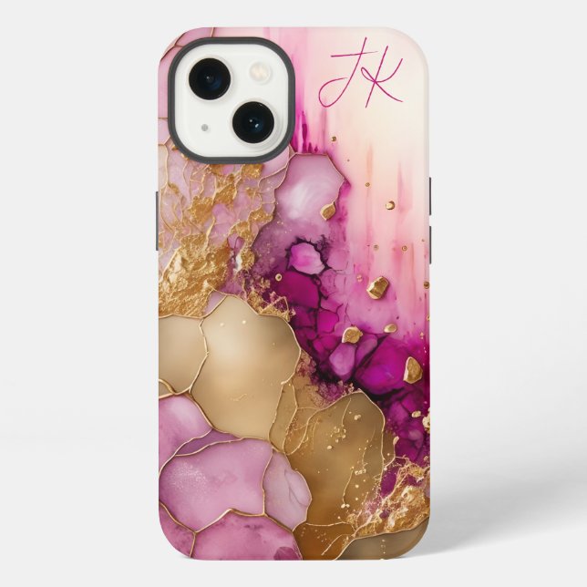 Modern Purple Gold Marble Monogram Personalized iPhone Case (Back)
