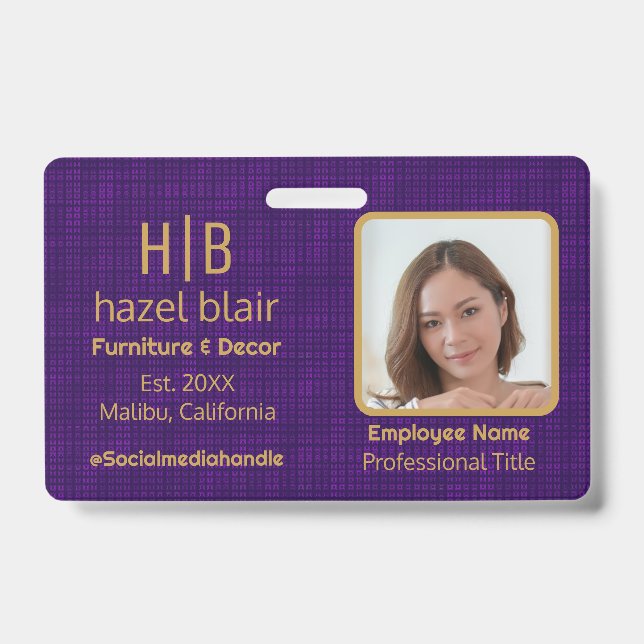 Modern Purple Gold Monogram Mini Squares Pattern Badge (Front)