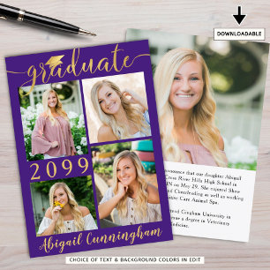 Modern Purple Gold Script 5 Photo Graduate Announcement