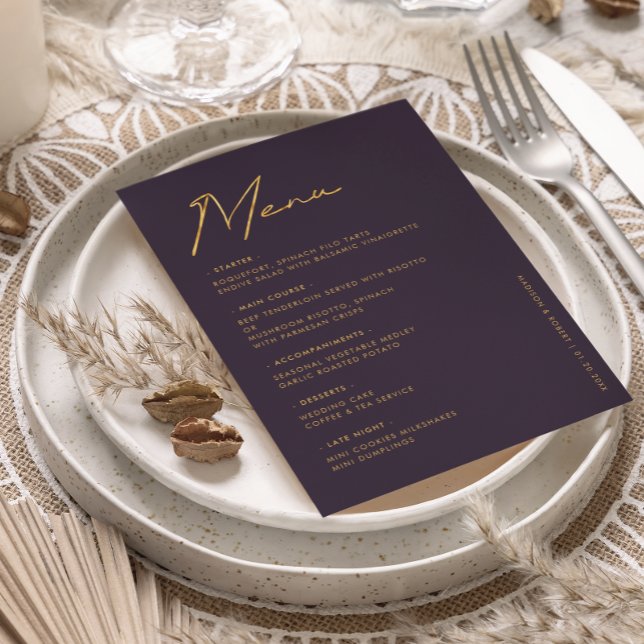 Modern Purple Gold Typography Wedding Table Menu (Creator Uploaded)