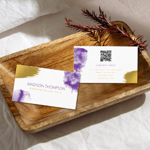 Modern Purple & Gold Watercolor QR Code Business Card