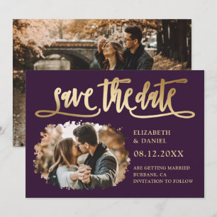 Modern Purple Gold Wedding Photo Save The Date