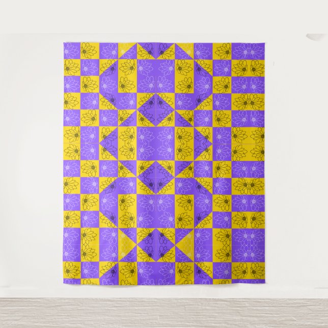 Modern purple & golden Chequerboard floral pattern Tapestry (Front)