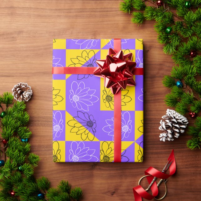 Modern purple & golden Chequerboard floral pattern Wrapping Paper (Holiday Gift)