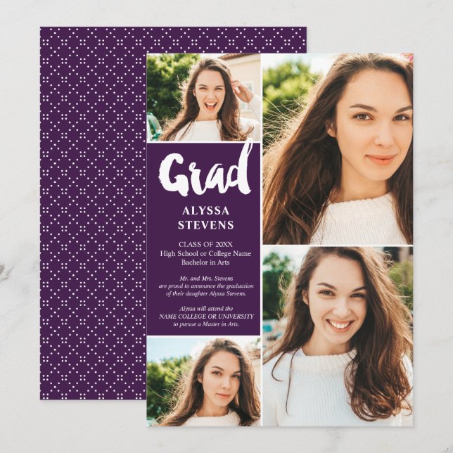 Modern purple Grad script 4 photos graduation Invitation (Front/Back)