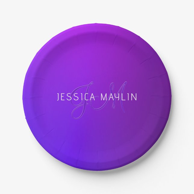 Modern Purple Gradient Name & Monogram  Paper Plate (Front)