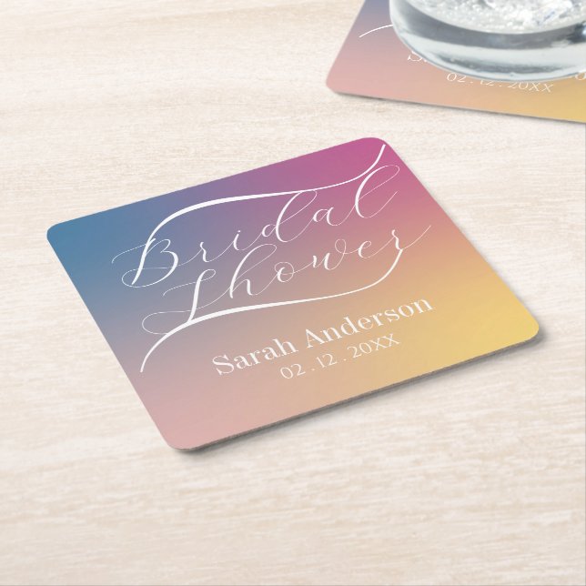 Modern Purple Gradient Ombre Script Bridal Shower Square Paper Coaster (Angled)
