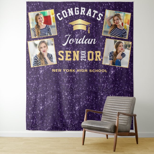 Modern Purple Graduation 4 Photo Booth Backdrop Tapestry (In Situ)