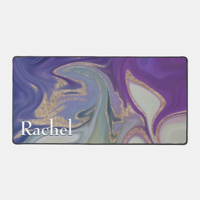 Modern Purple Green & Gold Marble Swirl Monogram Desk Mat (Front)