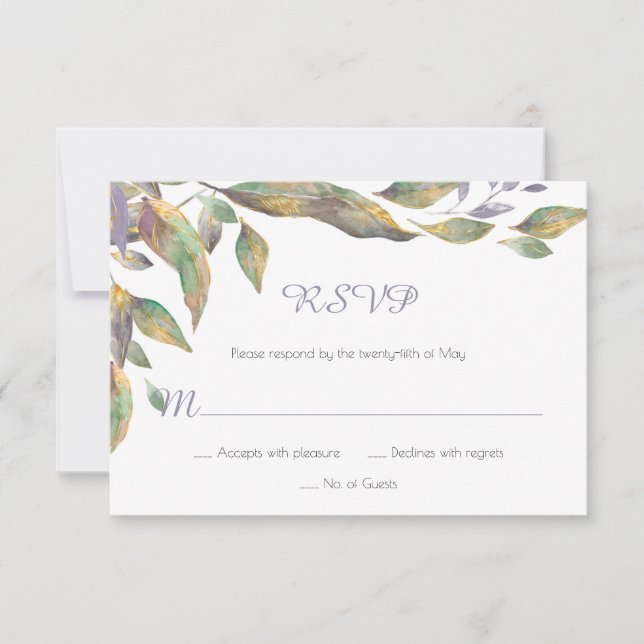 Modern Purple Green Gold Watercolor Leaves RSVP | (Front)