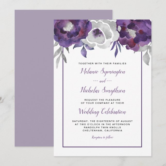 Modern Purple Grey Floral wedding invitations (Front/Back)
