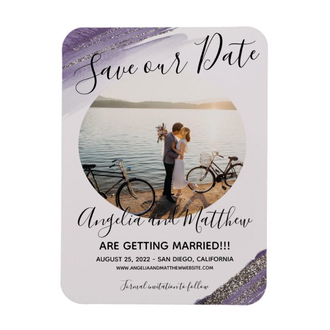 Modern Purple Grey Glitter Spark Save T Date Photo Magnet (Vertical)