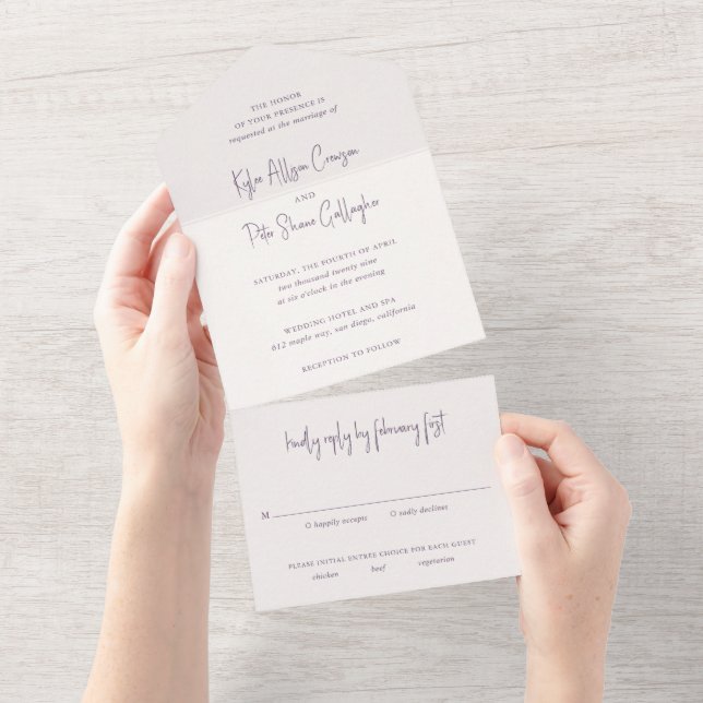 Modern Purple Handwritten Script Elegant Wedding All In One Invitation (Tearaway)
