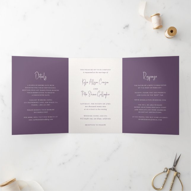 Modern Purple Handwritten Script Elegant Wedding Tri-Fold Invitation (Inside)