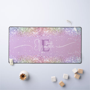 Modern Purple Holographic Faux Glitter Monogram Desk Mat