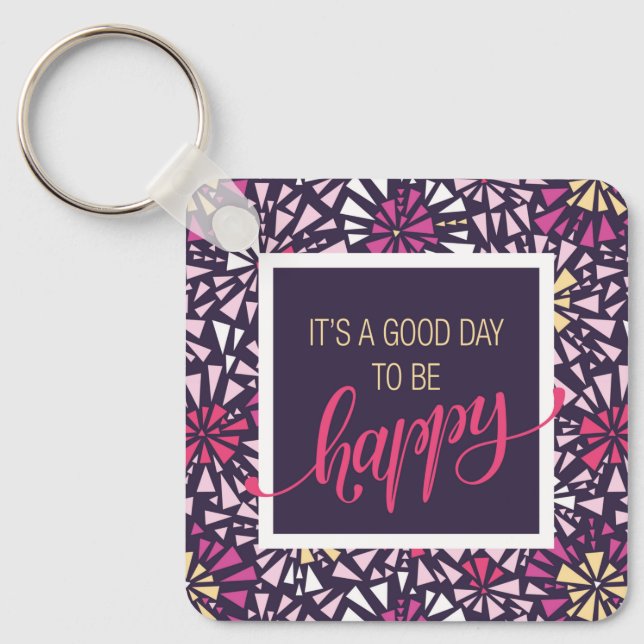 Modern Purple It's a Good Day to Be Happy Abstract Keychain (Front)