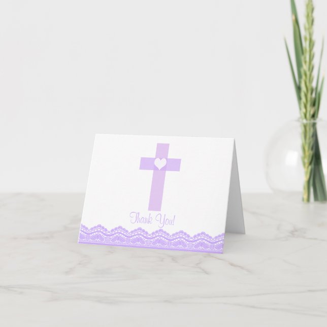 Modern Purple Lace Cross Religious Thank You Note Card (Front)