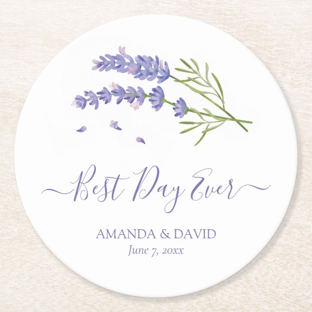 Modern Purple Lavender Floral Wedding Round Paper Coaster (Front)